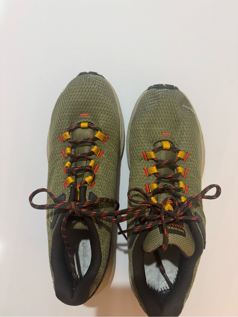 Merrell Olive Green Trail Sneakers with Yellow and Red Accents